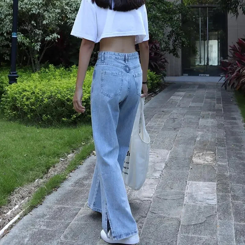 Con spacchi, jeans da donna, pantaloni in denim a gamba larga per le donne, pantaloni alla moda eleganti 2025, pantaloni larghi e lucidi più venduti in Corea del Sud.