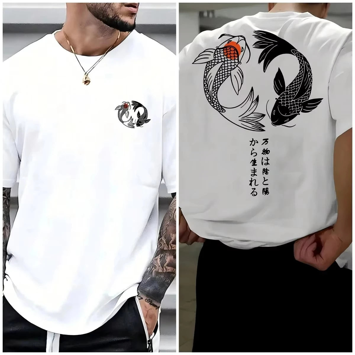 Japanese Koi Harajuku Illustration Pattern T-Shirt Men Summer Casual T Shirt Soft Fashion Short Sleeve Loose Cotton Sportswear