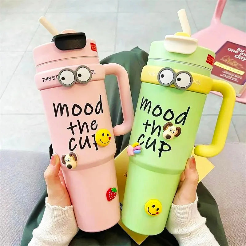 1000ML Thermal Water Bottle 32oz Large Capacity With Straw Stainless Steel Thermos Bottle Cold and Hot Thermos Cup