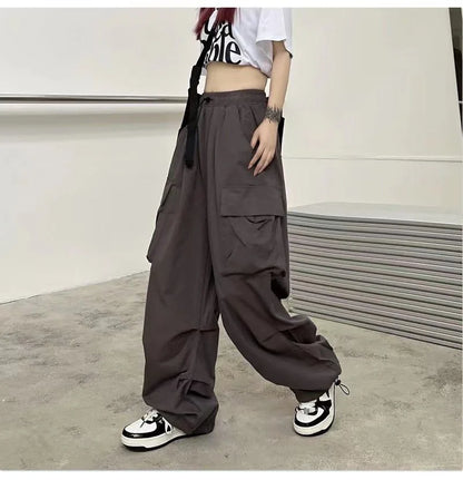 Women Casual Baggy Cargo Pants Solid Low Waist Joggers Tech Pants Drawstring Wide Leg Baggy Trousers Y2K Streetwear Sweatpants