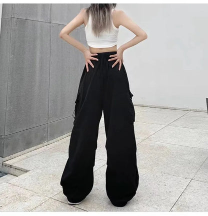 Women Casual Baggy Cargo Pants Solid Low Waist Joggers Tech Pants Drawstring Wide Leg Baggy Trousers Y2K Streetwear Sweatpants