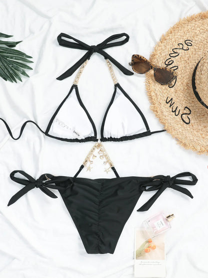 Sexy Luxury Bikini 2025 Women Crystal Rhinestones Push Up Micro Swimsuit Neon Orange Metal Chain Diamond High Cut Thong Swimwear