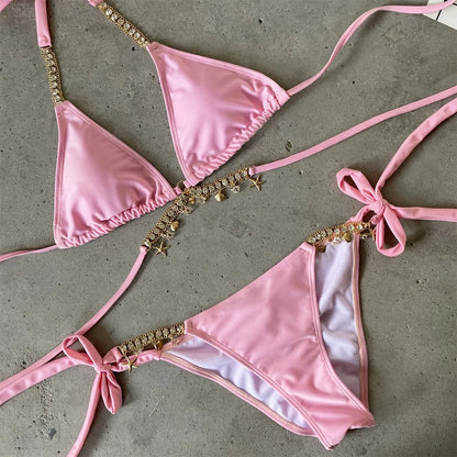 Sexy Luxury Bikini 2025 Women Crystal Rhinestones Push Up Micro Swimsuit Neon Orange Metal Chain Diamond High Cut Thong Swimwear