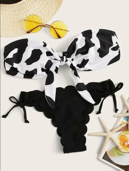 Beach Bikini 2024 Woman Sexy Front Lace Up Tie Bandeau Leopard Swimsuit Female Push Up Ruffled Bow Bathing Suit Thong Swimwear