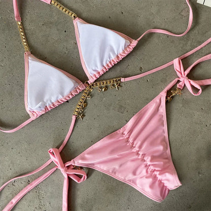 Sexy Luxury Bikini 2025 Women Crystal Rhinestones Push Up Micro Swimsuit Neon Orange Metal Chain Diamond High Cut Thong Swimwear