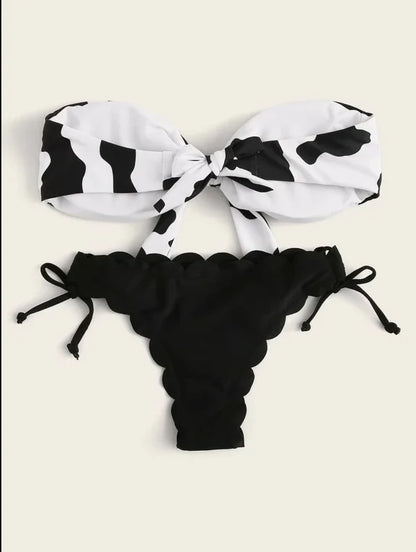 Beach Bikini 2024 Woman Sexy Front Lace Up Tie Bandeau Leopard Swimsuit Female Push Up Ruffled Bow Bathing Suit Thong Swimwear
