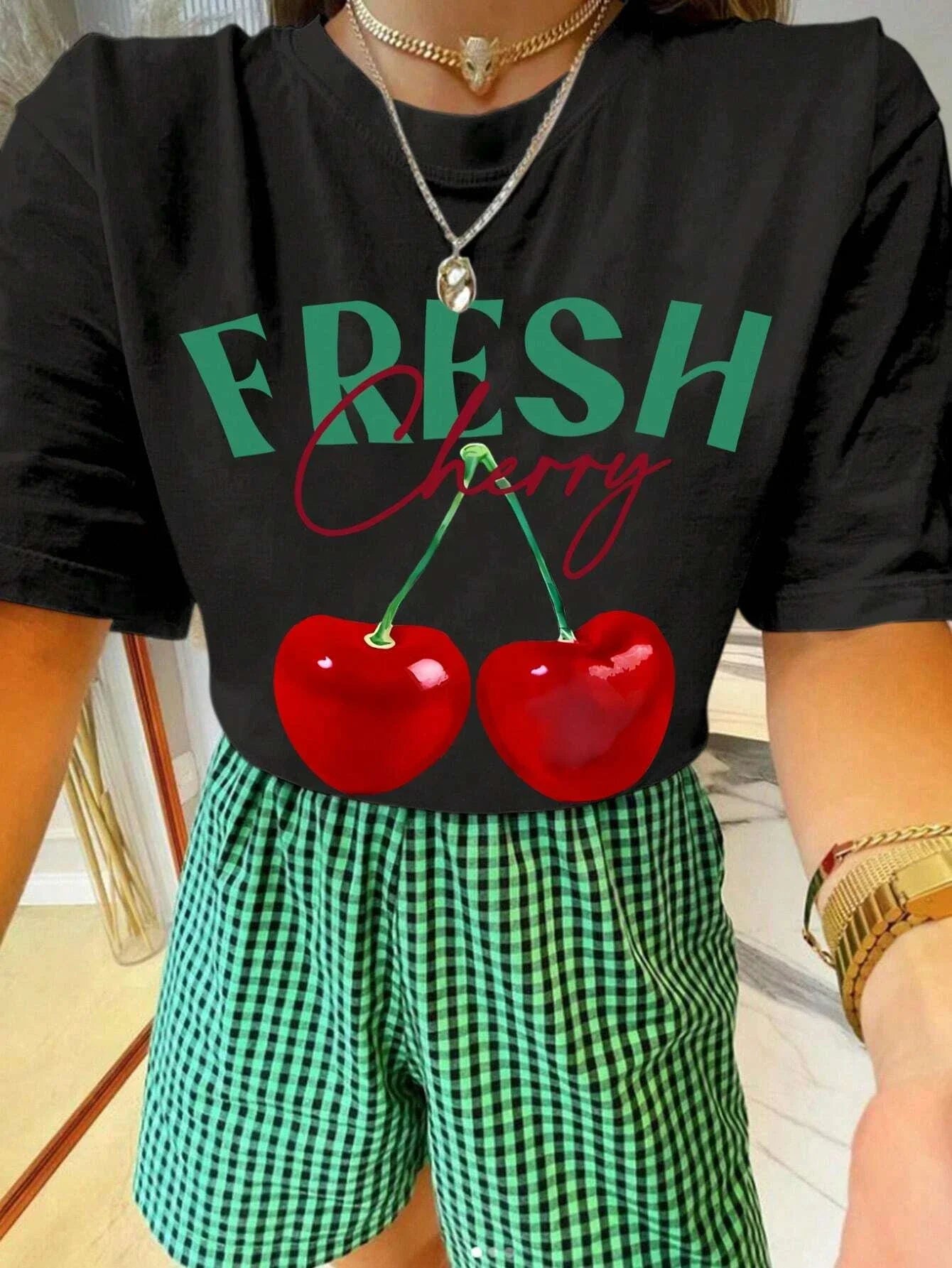T-shirts créatifs avec imprimé cerises fraîches pour femmes, style hip-hop, vêtements d'été confortables et décontractés
