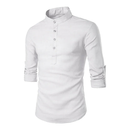 Cotton Linen Hot Sale Men's Long-Sleeved Shirts Summer Solid Color Stand-Up Collar Casual Beach Style Plus Size Linen Man Tops