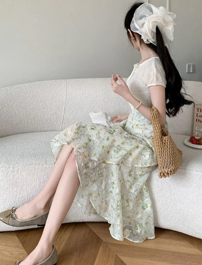 Blue Woman Skirt Floral Midi Ruffle Chiffon A Line Y2k Vintage Chic and Elegant Aesthetic Streetwear 2025 Trend Skirts for Women