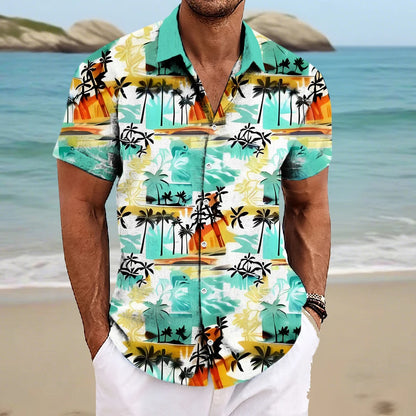 Beach Men's Lapel Shirt Summer Short Sleeve Outdoor Everyday Shirt Tops Landscape Printed Pattern  OverSize Loose Men Clothing