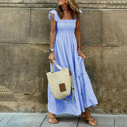 2025 Square Collar Sleeveless Women Dress Elastic Chest Wrap Ruffle Large Hem Women Plaid Print Sling Maxi Dress Summer Sundress
