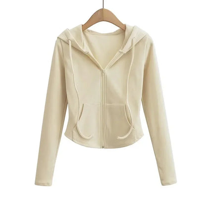 SMVP Streetwear Hooded Pockets Sweatshirt Women Casual Solid Sports Long Sleeve Hoodies Woman Autumn Slim Zipper Cropped Coat