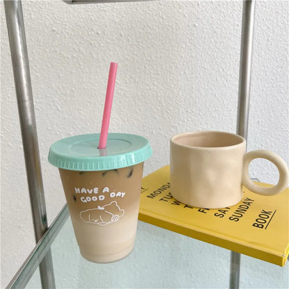 1pc-480ml/700ml Portable Reusable Plastic Straw Cup Large Capacity Handy Cup Drinking Juice Coffee Milk Tea Drinks Summer
