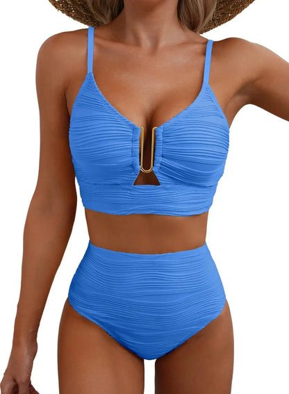 2025 Swimwear Woman Bikini Cutout V Neck Bikini Set High Waist Textured Swimsuit Adjustable Ties Women Beach Resort Wear