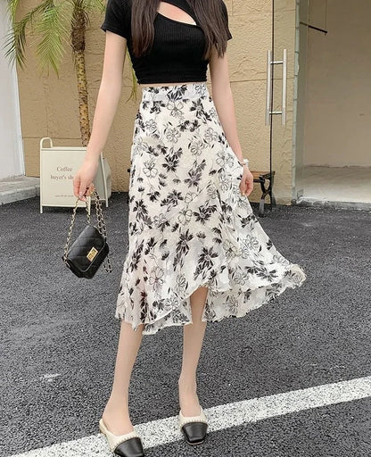 Blue Woman Skirt Floral Midi Ruffle Chiffon A Line Y2k Vintage Chic and Elegant Aesthetic Streetwear 2025 Trend Skirts for Women