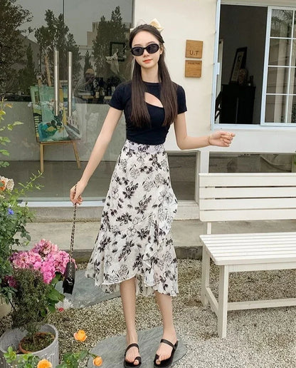Blue Woman Skirt Floral Midi Ruffle Chiffon A Line Y2k Vintage Chic and Elegant Aesthetic Streetwear 2025 Trend Skirts for Women