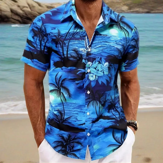 Beach Men's Lapel Shirt Summer Short Sleeve Outdoor Everyday Shirt Tops Landscape Printed Pattern  OverSize Loose Men Clothing