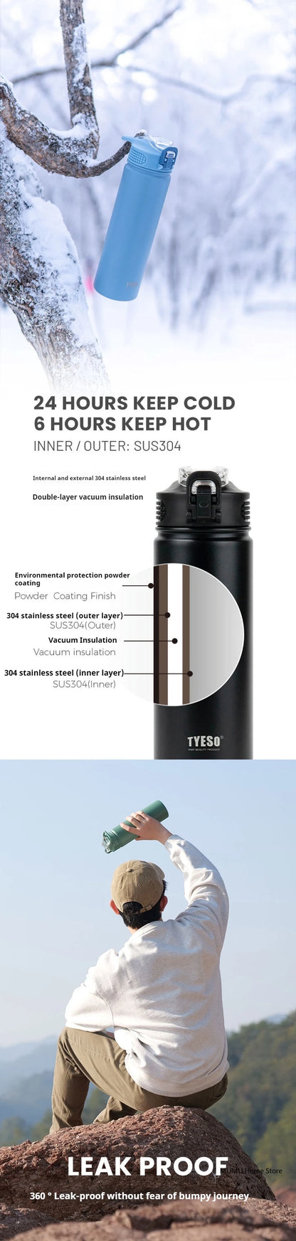 Tyeso 600/750ML Thermos Bottle With Straw Stainless Steel Car Thermal Cup Sports Water Bottles Keeps Cold and Heat Thermal Mug