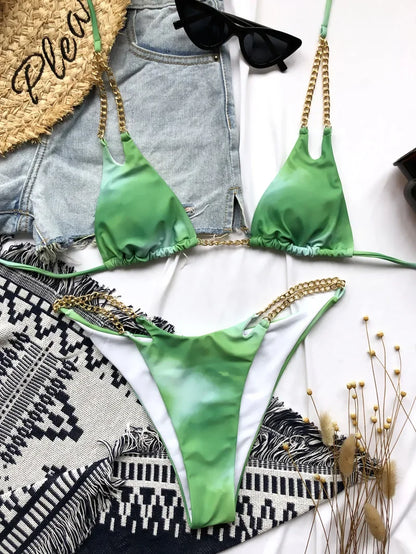 Sexy Micro Bikini 2025 Solid Black Push Up Bra Chain Metal Strap Swimsuit Brazilian Beach Bathing Suit Thong Swimwear Biquini