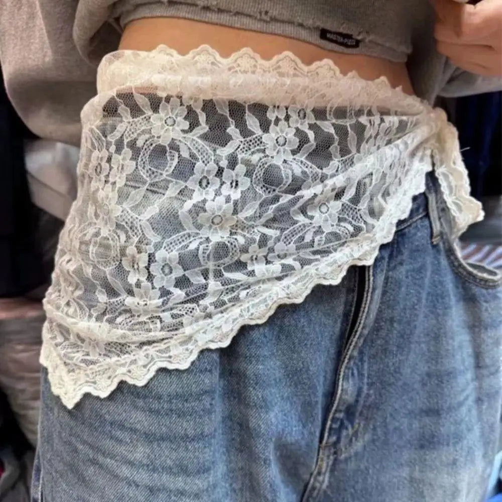 Y2K Stacked Lace Half Skirt Women Lace Tulle Bandage Skirt Layering Small Butt Curtain Short Skirt Flower Triangle Hair Scarf