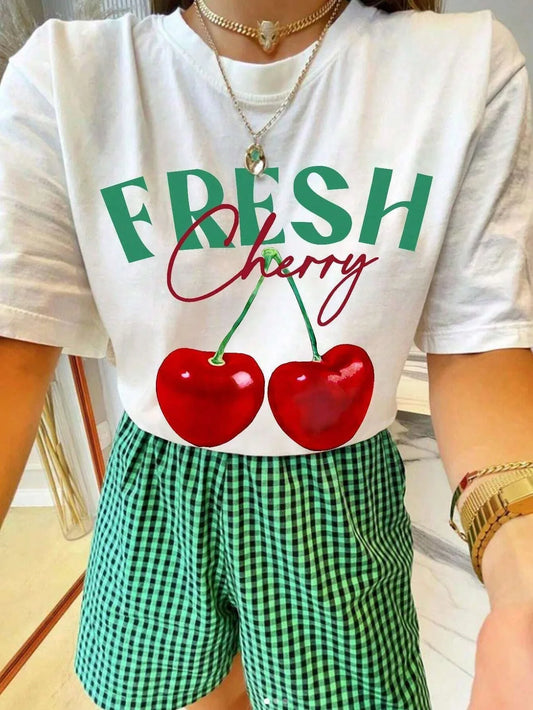Creative T-shirts with Fresh Cherry Fruit Print for Women Hip Hop Summer T-shirt Comfortable Casual Woman Summer Clothing