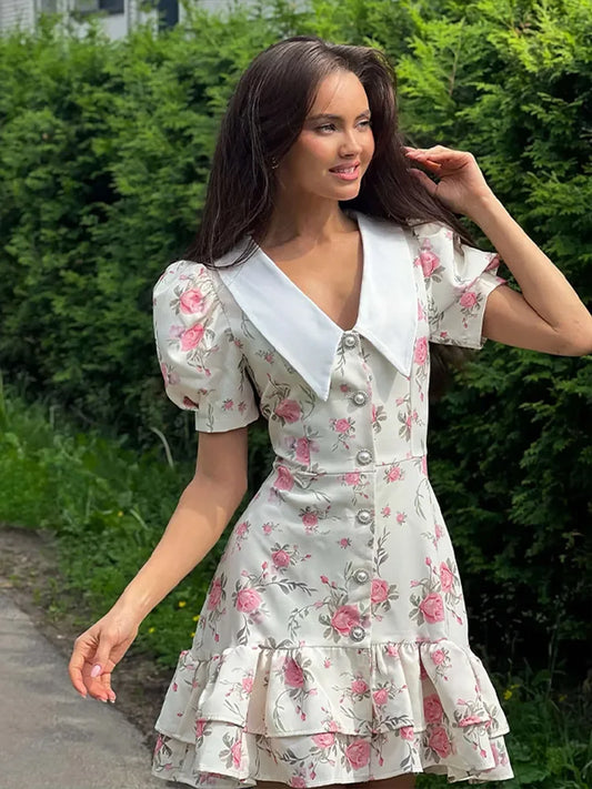 Sweet Floral Printed Ruffle Hem Dress Chic A-line Lapel Puff Sleeve Dresses For Women 2025 Summer Lady Holiday Street Gowns New