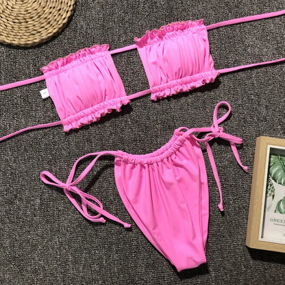 Sexy Bikini 2025 Pleated Bandeau Swimsuit Female Swimwear Women Mini Thong Bikini Set Bather Swimming Beachwear for Bathing Suit