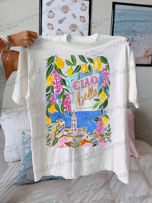 Italian Style Cotton T-Shirt With Fruit&Plant Print Short Sleeved O-Neck Loose&Breathable Casual Vacation Tee Women'S Summer Top