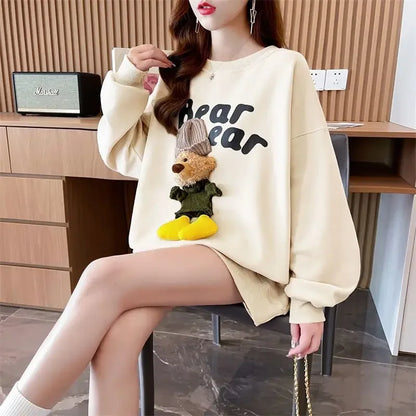 Women's Clothing Trendy Funny Cute 3D Cartoon Bear Streetwear Y2K Sweatshirt Korean O Neck Long Sleeve Oversize Pullover Hoodies