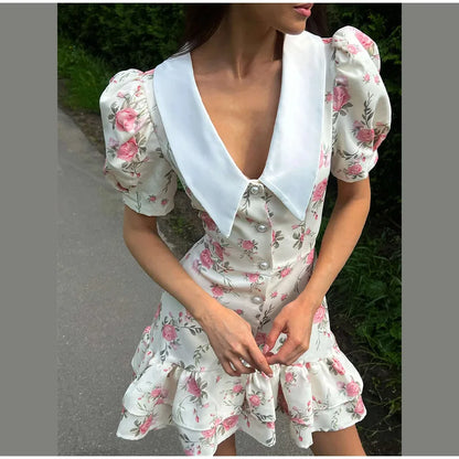 Sweet Floral Printed Ruffle Hem Dress Chic A-line Lapel Puff Sleeve Dresses For Women 2025 Summer Lady Holiday Street Gowns New