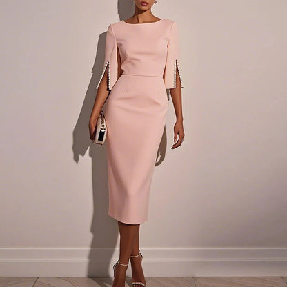 Elegant Women Midi Dress O Neck Half Sleeve Bead Design Party Bodycon Dress Women Fashion Summer Office Dresses Pink White Black