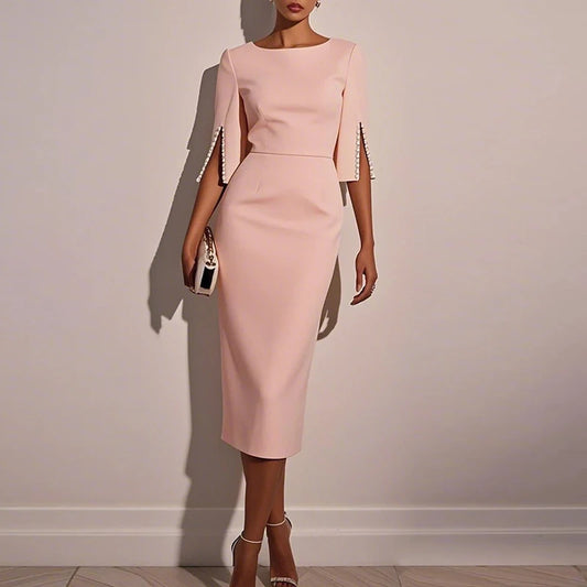Elegant Women Midi Dress O Neck Half Sleeve Bead Design Party Bodycon Dress Women Fashion Summer Office Dresses Pink White Black