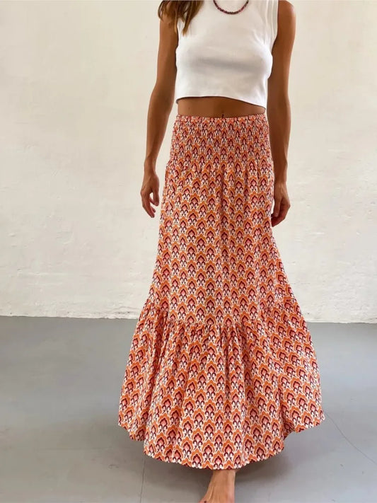 Women's Casual Boho Skirts New Spring Summer Fashion Vintage Loose Elastic Waist Floral Print Ethenic Style Beach Maxi Skirt