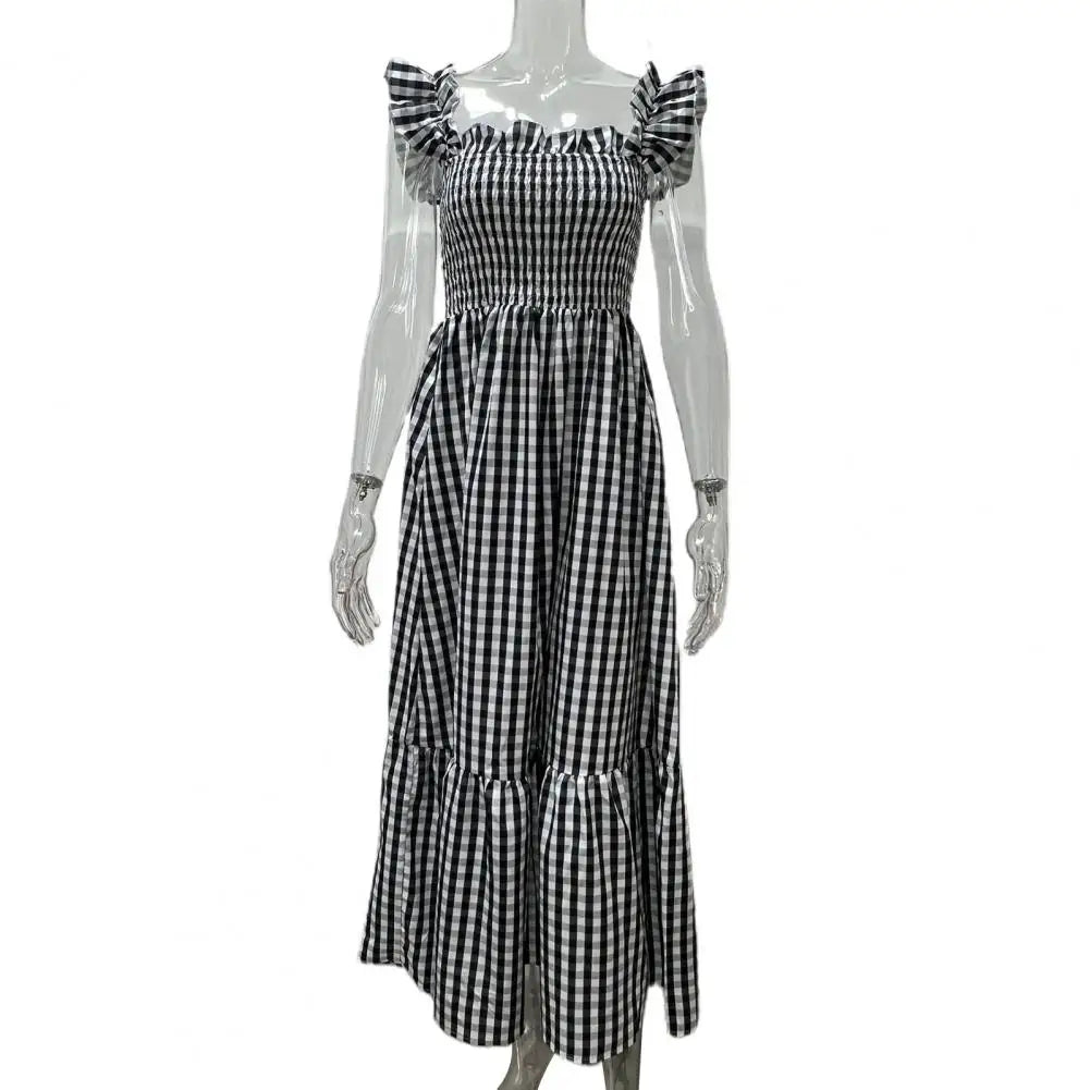 2025 Square Collar Sleeveless Women Dress Elastic Chest Wrap Ruffle Large Hem Women Plaid Print Sling Maxi Dress Summer Sundress