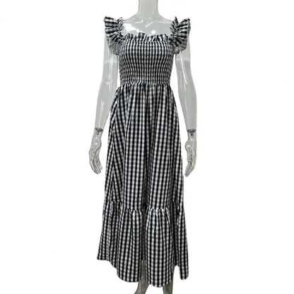 2025 Square Collar Sleeveless Women Dress Elastic Chest Wrap Ruffle Large Hem Women Plaid Print Sling Maxi Dress Summer Sundress