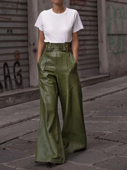 Casual Loose Leather Pants Women High Waist Wide Legs Solid Pocket Flare Pant Female 2025 Autumn Fashion Belt Streetwears Lady