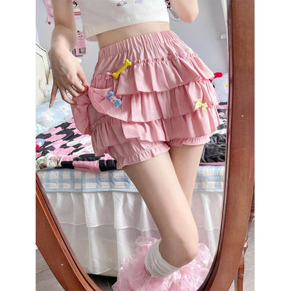 MEXZT Y2K Sweet Ruffles Mini Skirt Women Kawaii Lolita Bow A Line Skirts Harajuku Japanese High Waist Pink White Ball Gown Skirt