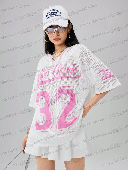 American Digital Printed Jersey T-Shirt V-Neck Mesh  Short Sleeved World Bank Streetwear Casual Women'S Clothing Top