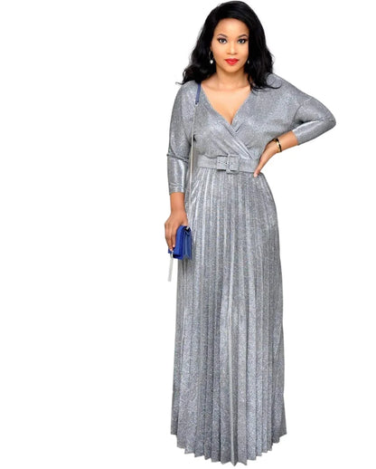 Fashion Elegant Long Sleeve V Neck High Waist Party Cocktail Graduation Pleated Dress Women Sexy Sequins Evening Dress