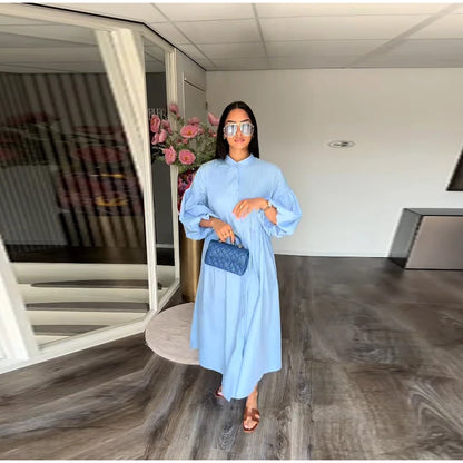 Casual Long Dress Women Loose O Neck Single Breasted Long Sleeves High Waist Robe Female 2025 Summer Fashion Solid Dresses Lady
