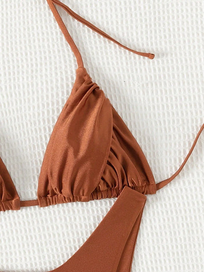 Solid Color Coffee 2 Piece Swimsuit for Women 2025 New Pleated Triangle Halter Backless Bikini Set Swimwear Beach Bathing Suit