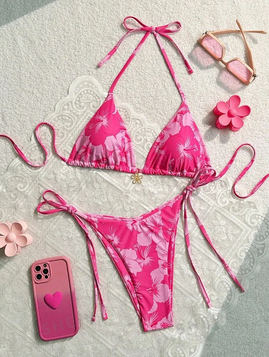 2025 Triangle Cup Bikini Set Printed Design Adjustable Straps Lightweight Separates Women Swimwear Beach Vacation Essential