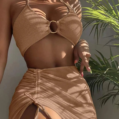 New High Elastic Bikini Set for 2025 Summer Three-piece Solid Color Lace-up Sexy Women Swimsuit Beach Bathing Suit Swimwear