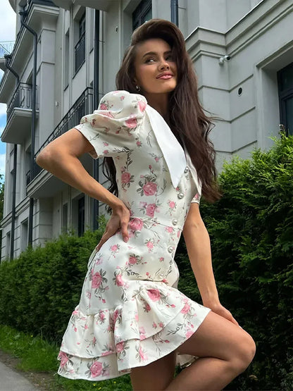 Sweet Floral Printed Ruffle Hem Dress Chic A-line Lapel Puff Sleeve Dresses For Women 2025 Summer Lady Holiday Street Gowns New