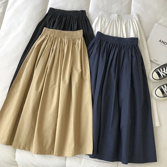 Women Black skirt midi High waist korean style Pleated a line Vintage Clothing 2025 new Summer Casual Fashion Ladies Work Wear
