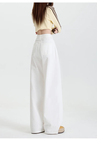 Woman Jeans High Waist Wide Leg Cotton Denim Clothing Design Sense Straight Pant Fashion Comfort White Retro Blue Casual Trouser