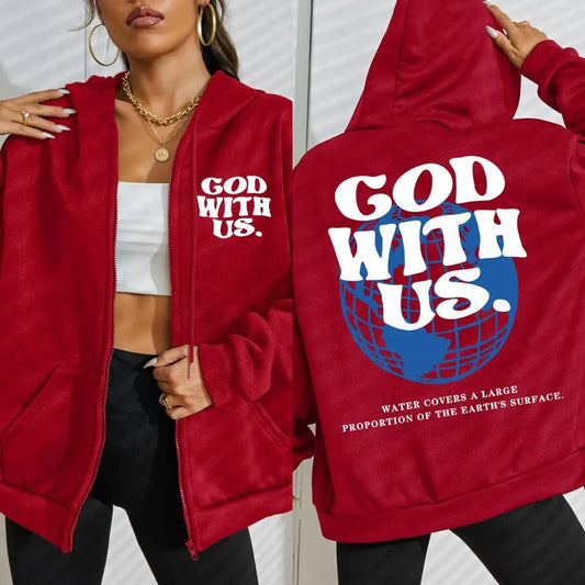 God With Us Water Covers Earth Print Zipper Hoodie Women Street Fleece Hoody Fashion Casual Sportswears Autumn Loose Sportswear