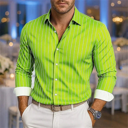 Men's loose striped shirt, casual breathable lapel button long sleeve shirt, festive wedding shirt, soft and comfortable fabric