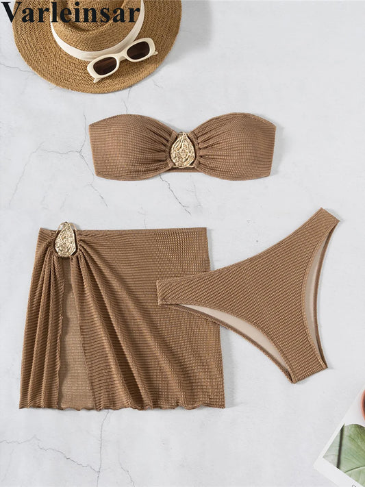 5 Colors With Skirt Bandeau Bikini Female Swimsuit Women Swimwear Three-pieces Bikini set Padded Bather Bathing Suit Swim V6624