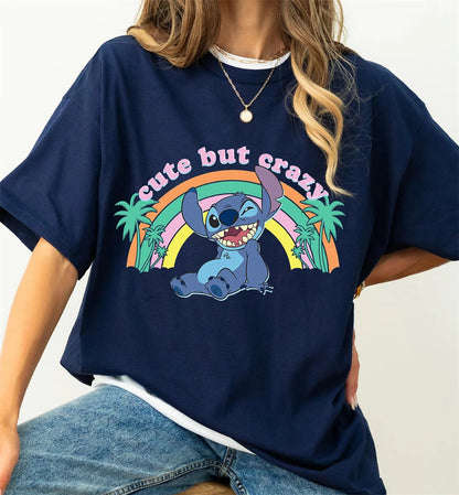 Disney Stitch Cartoon Pattern Printed Cotton Short Sleeve T-shirt Summer Women's Travel Family Party Tee Versatile Commuter Top